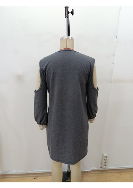 Ulak Handmader Kadın Uzun Kollu Omuzdan Açık V Dantel Yakalı Mini Waffle Elbise