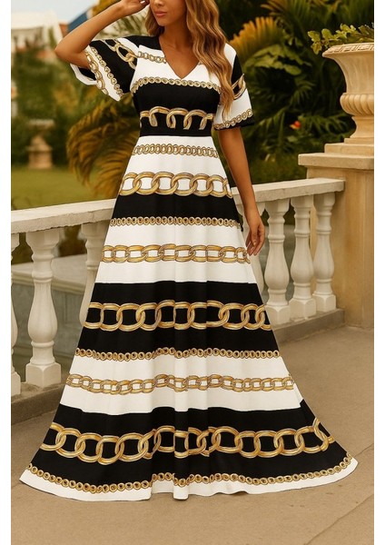 Ulak Handmader Kadın Kısa Kollu V Yakalı Desenli Süprem Elbise