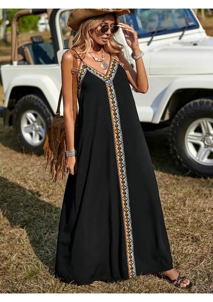 Ulak Handmader Kadın Askılı V Yakalı Etnik Şerit Detaylı Uzun Viskon Elbise modelleri