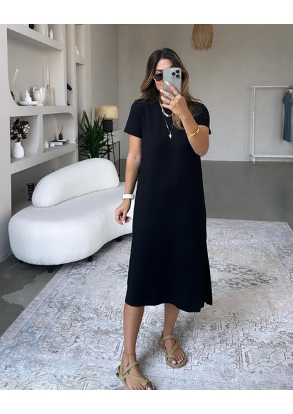 Ulak Handmader Kadın Kısa Kollu Yırtmaç Detaylı Salaş Viskon Elbise