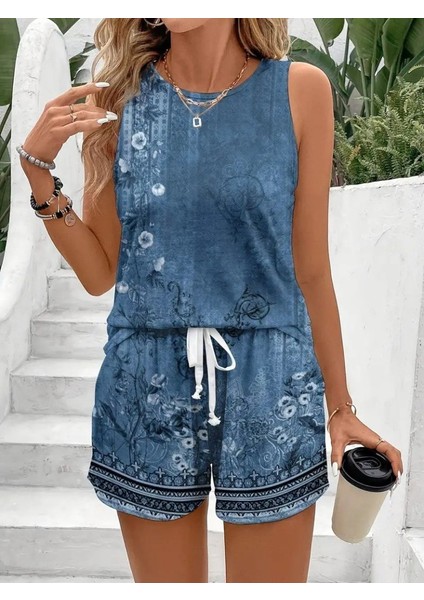 Ulak Handmader Kadın Askılı Yuvarlak Yaka Çiçek Baskılı Süprme Bluz ve Short Ikili Takım indirimleri