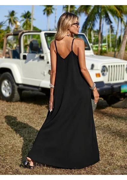 Ulak Handmader Kadın Askılı V Yakalı Etnik Şerit Detaylı Uzun Viskon Elbise indirimleri