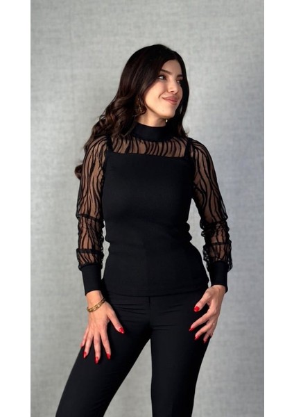 Ulak Handmader Kadın Uzun Kollu Bisiklet Yaka Kolları Tül Detay Kaşkorse Kumaş Bluz