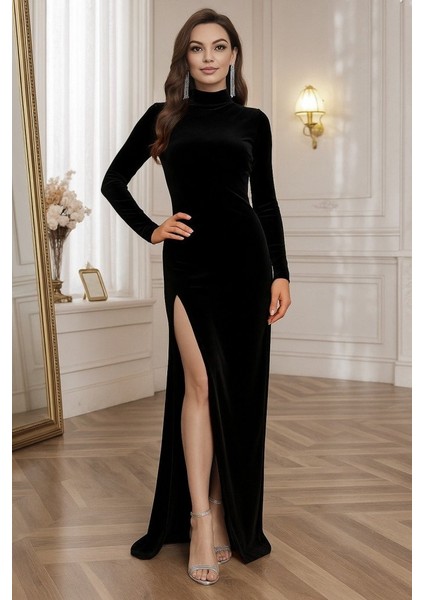 Ulak Handmader Kadın Uzun Kollu Yarım Balıkçı Yaka Derin Yırtmaç Detay Krep Tam Boy Elbise