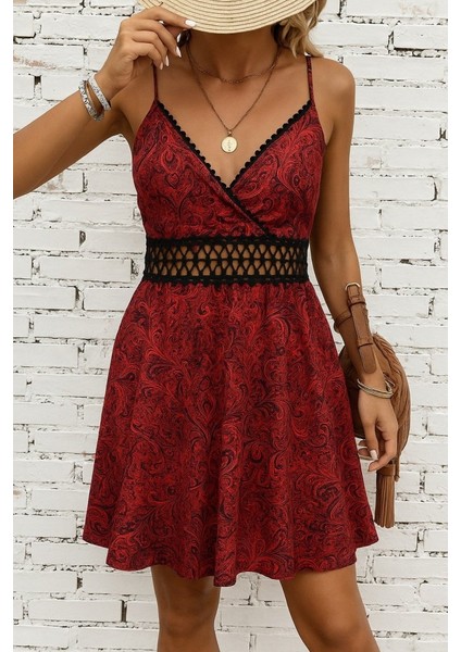 Ulak Handmader Kadın Ip Askılı Kruvaze Yakalı Desenli Mini Süprem Mini Elbise