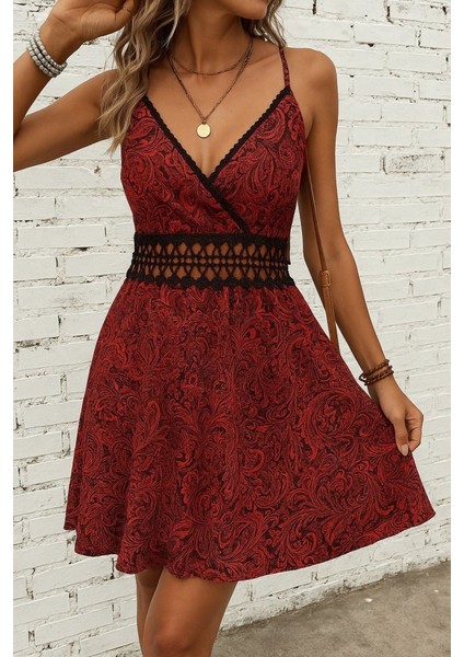 Ulak Handmader Kadın Ip Askılı Kruvaze Yakalı Desenli Mini Süprem Mini Elbise fiyatları