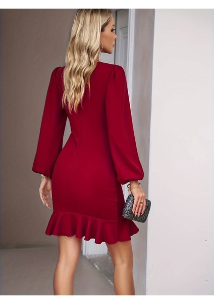 Ulak Handmader Kadın Uzun Kollu Bisiklet Yaka Önden Volanlı Ithal Krep Elbise indirimleri