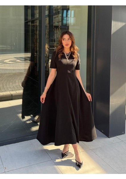 Ulak Handmader Kadın Kısa Kollu Bisiklet Yaka Maksi Boy Ithal Krep Elbise