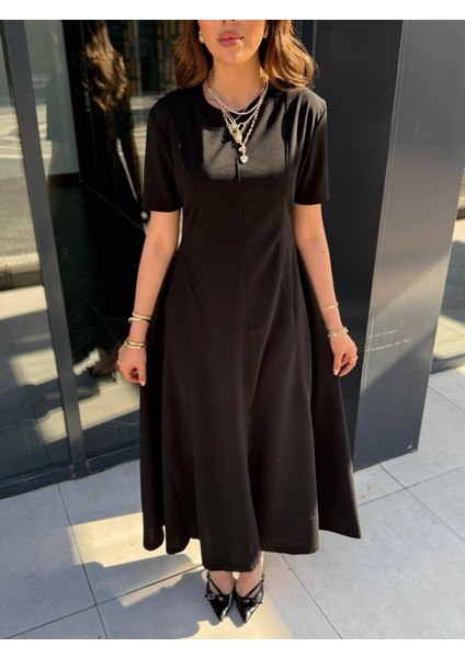 Ulak Handmader Kadın Kısa Kollu Bisiklet Yaka Maksi Boy Ithal Krep Elbise modelleri