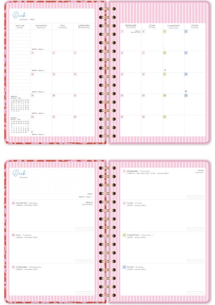 2026 A5 Spiralli Renkli Haftalık Ajanda 12 Aylık – Motivasyon Sayfalı Kırmızı Leopar