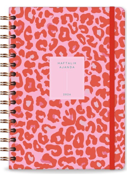2026 A5 Spiralli Renkli Haftalık Ajanda 12 Aylık – Motivasyon Sayfalı Kırmızı Leopar