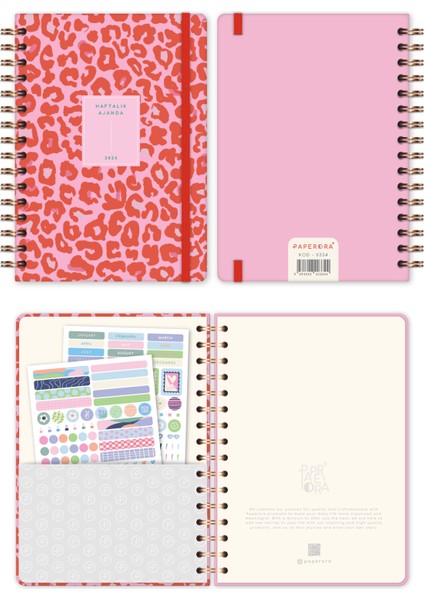 2026 A5 Spiralli Renkli Haftalık Ajanda 12 Aylık – Motivasyon Sayfalı Kırmızı Leopar