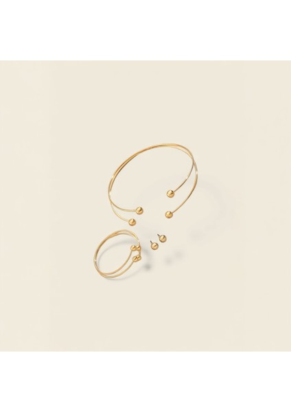 Gold Kaplama Üçlü Kolye Küpe Bileklik Çelik Set