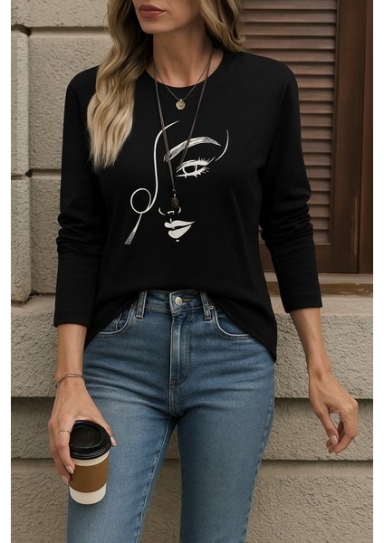 Ulak Handmader Kadın Uzun Kollu Bisiklet Yaka Yüz Desenli Viskon Bluz
