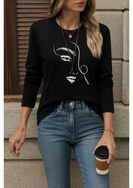 Ulak Handmader Kadın Uzun Kollu Bisiklet Yaka Yüz Desenli Viskon Bluz modelleri