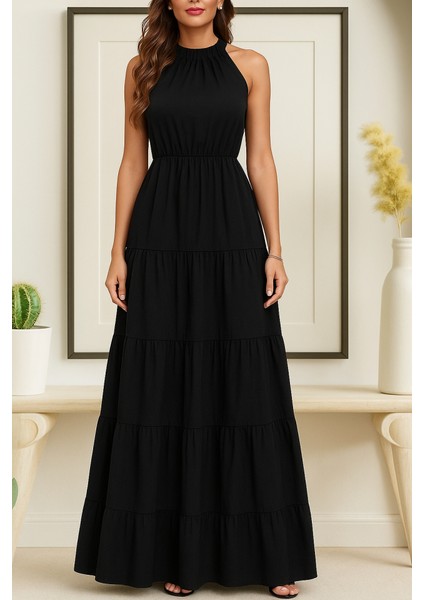 Ulak Handmader Kadın Kolsuz Halter Yaka Beli Lastiklidesenli Mikro Elbise