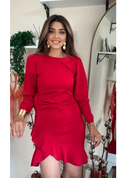 Ulak Handmader Kadın Uzun Kollu Bisiklet Yaka Önden Volanlı Ithal Krep Elbise
