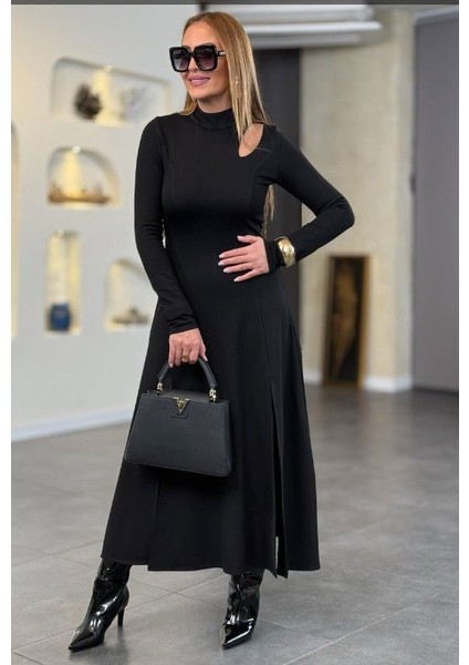 Ulak Handmader Kadın Balıkçı Yaka Damla Detaylı Yırtmaçlı Uzun Viskon Iki Iplik Maxi Elbise