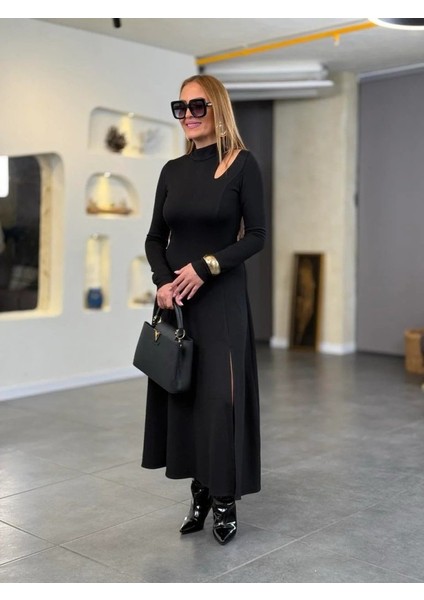 Ulak Handmader Kadın Balıkçı Yaka Damla Detaylı Yırtmaçlı Uzun Viskon Iki Iplik Maxi Elbise modelleri