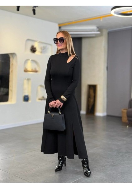 Ulak Handmader Kadın Balıkçı Yaka Damla Detaylı Yırtmaçlı Uzun Viskon Iki Iplik Maxi Elbise