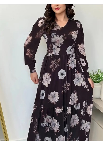 Ulak Handmader Kadın Uzun Kollu V Yakalı Çiçek Desenli Maxi Süprem Elbise