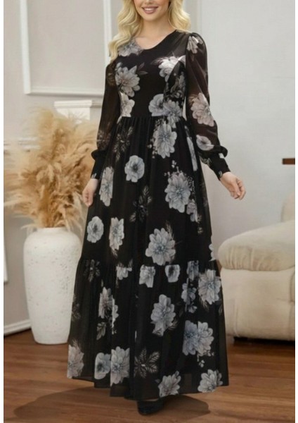 Ulak Handmader Kadın Uzun Kollu V Yakalı Çiçek Desenli Maxi Süprem Elbise indirimleri