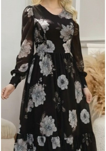 Ulak Handmader Kadın Uzun Kollu V Yakalı Çiçek Desenli Maxi Süprem Elbise