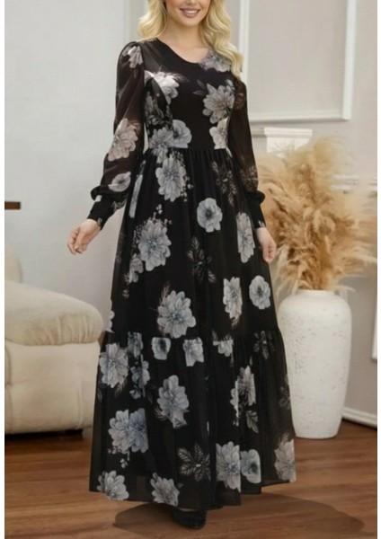 Ulak Handmader Kadın Uzun Kollu V Yakalı Çiçek Desenli Maxi Süprem Elbise