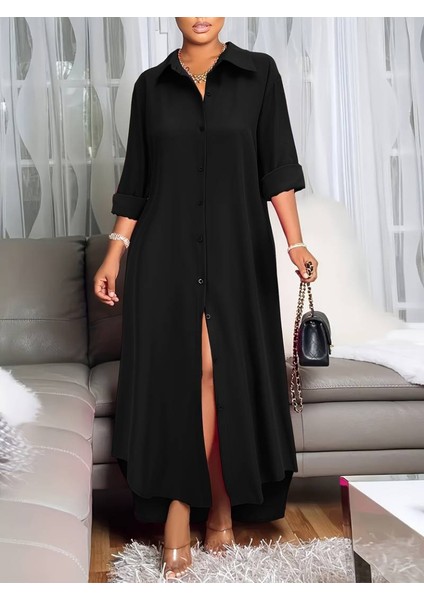 Ulak Handmader Kadın Uzun Kollu Yakalı Önden Düğmeli Uzun Dokuma Elbise