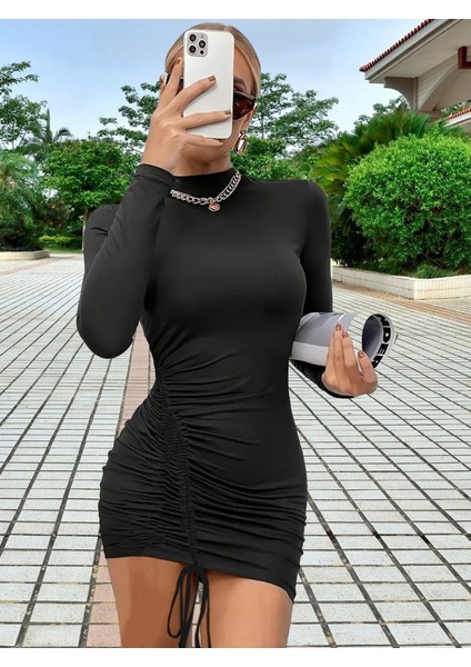 Ulak Handmader Kadın Uzun Kol Sağ Belden Sol Etek Ucuna Doğru Hafif Çapraz Büzgülü Sandy Mini Boy Elbise modelleri