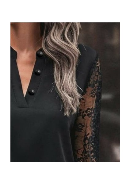 Ulak Handmader Kadın Uzun Kollu Yaka Düğme Detay Güpürlü Kol Krep Bluz modelleri