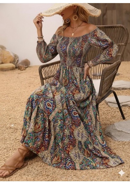 Ulak Handmader Kadın Düşük Omuzlu Beli Büzgülü Dijital Desenli Kesik Elyaf Süprem Uzun Elbise