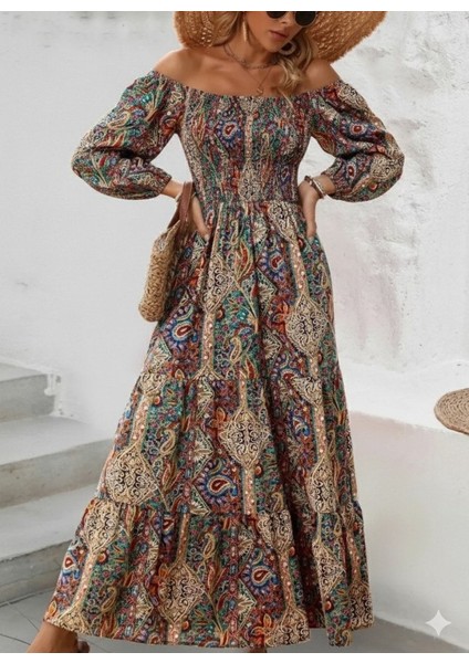 Ulak Handmader Kadın Düşük Omuzlu Beli Büzgülü Dijital Desenli Kesik Elyaf Süprem Uzun Elbise fiyatları