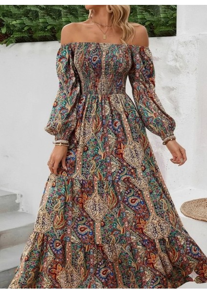 Ulak Handmader Kadın Düşük Omuzlu Beli Büzgülü Dijital Desenli Kesik Elyaf Süprem Uzun Elbise modelleri