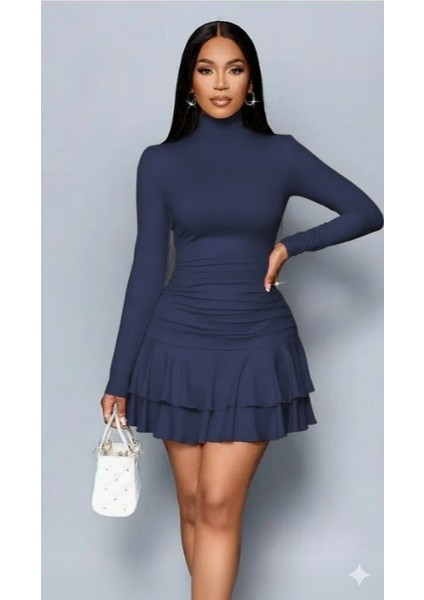 Ulak Handmader Kadın Uzun Kollu Balıkçı Yaka Mini Fırfırlı Sandy Elbise fiyatları