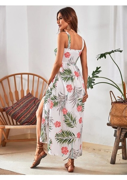 Ulak Handmader Kadın Askılı Önden Düğmeli Yaprak Desenli Uzun Süprem Elbise