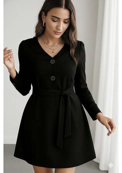 Ulak Handmader Kadın Uzun Kollu Düğme Detaylı Kendinden Kemerli Ithal Krep Elbise