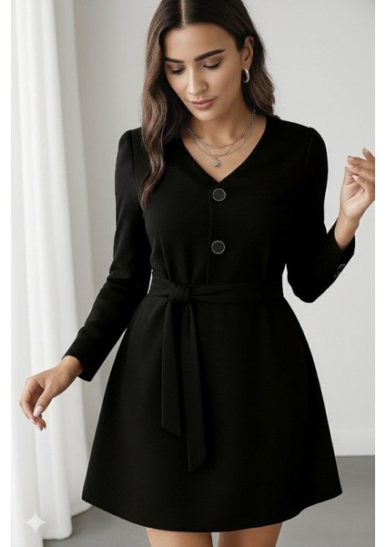 Ulak Handmader Kadın Uzun Kollu Düğme Detaylı Kendinden Kemerli Ithal Krep Elbise modelleri