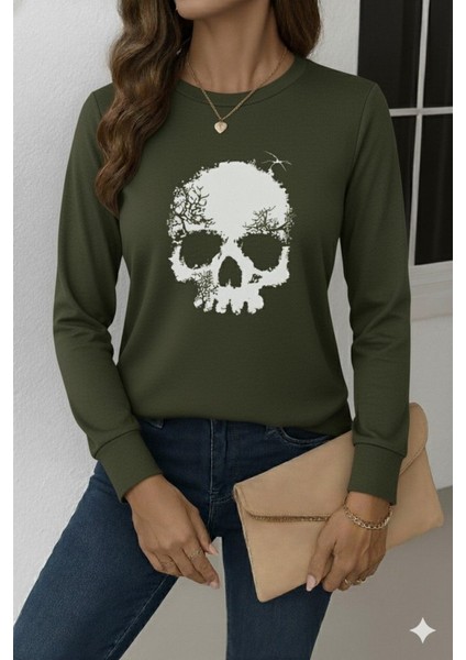 Ulak Handmader Kadın Uzun Kollu Bisiklet Yaka Kurukafa Desenli Viskon Bluz