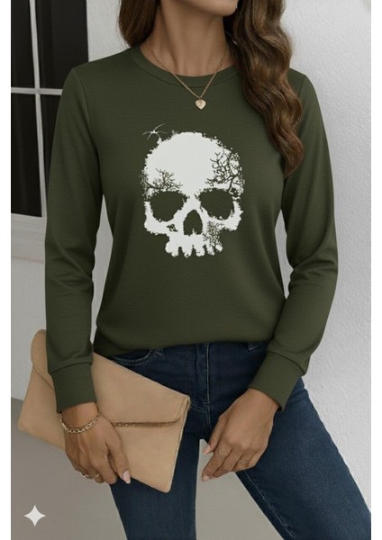 Ulak Handmader Kadın Uzun Kollu Bisiklet Yaka Kurukafa Desenli Viskon Bluz modelleri