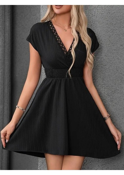 Ulak Handmader Kadın Kısa Kollu Kruvaze Yakalı Beli Lastikli Bürümcük Elbise fırsatları