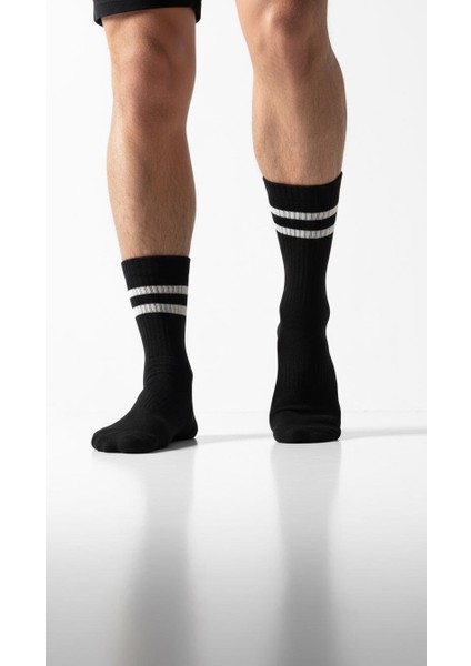 Erkek 2’li Tenis Çorabı – Siyah Beyaz Çizgili Spor Çorap – Nefes Alabilir Esnek Konçlu