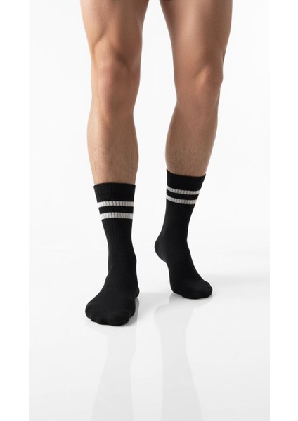 Erkek 2’li Tenis Çorabı – Siyah Beyaz Çizgili Spor Çorap – Nefes Alabilir Esnek Konçlu