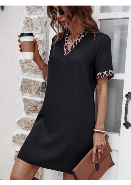 Ulak Handmader Kadın Kısa Kollu V Yakalı Leopar Desen Detaylı Modal Elbise fiyatları