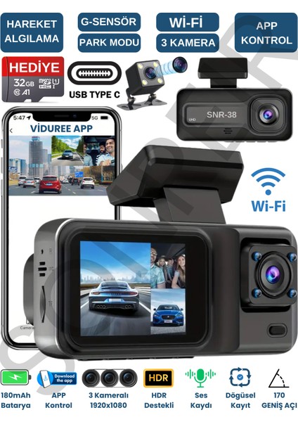 SNR -38 Wi-Fİ Full Hd 3 Kameralı Araç içi Güvenlik Kamerası IR Gece Görüşü G-Sensör Ön-arka-iç Kayıt