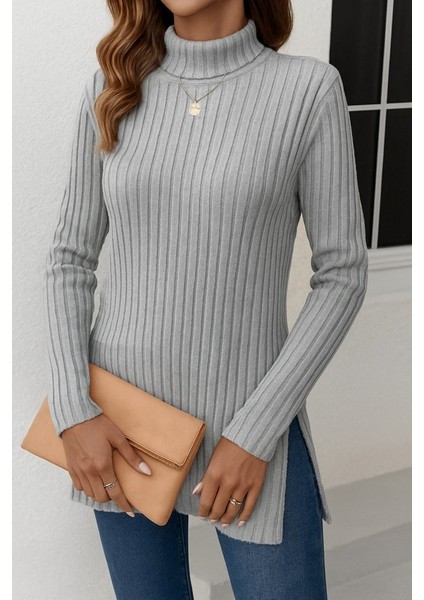 Ulak Handmader Kadın Uzun Kollu Balıkçı Yaka Yandan Yırtmaçlı Şardonlu Kaşkorse Bluz