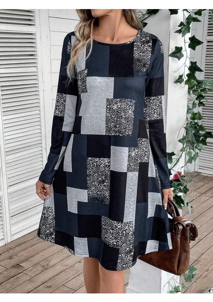 Ulak Handmader Kadın Uzun Kollu Yuvarlak Yaka Geometrik Süprem Elbise