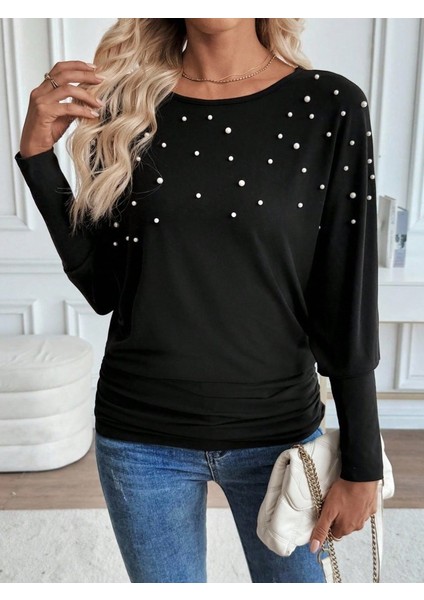 Ulak Handmader Kadın Uzun Kollu Yuvarlak Yaka Incili Viskon Bluz