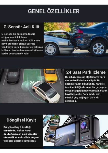 SNR -38 Wi-Fİ Full Hd 3 Kameralı Araç içi Güvenlik Kamerası IR Gece Görüşü G-Sensör Ön-arka-iç Kayıt modelleri