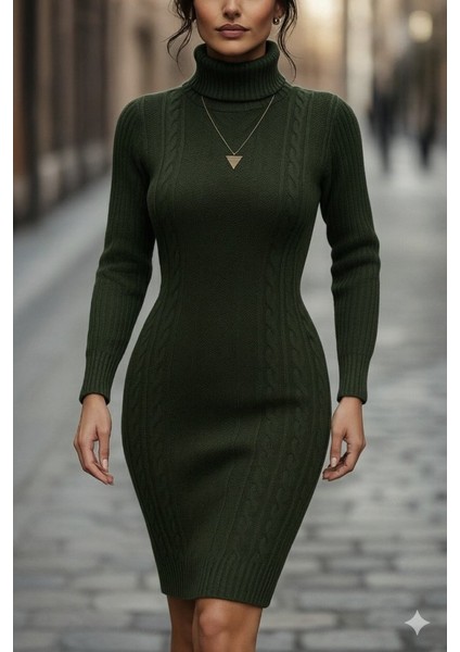 Ulak Handmader Kadın Uzun Kollu Balıkçı Yaka Kısa Triko Elbise